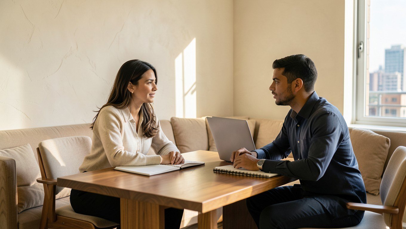 Asesora financiera conversa con emprendedores en una oficina de Bogotá